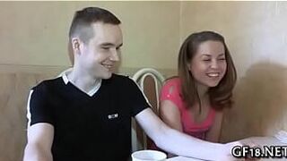 Pretty legal age teenager angel stands doggy fashion - porn video